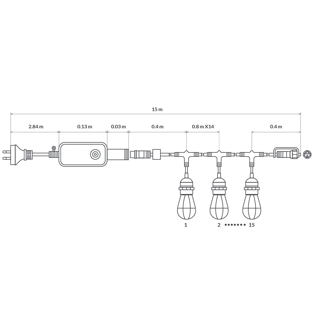 15m Smart Festoon String Lights with 15 LED Bulbs