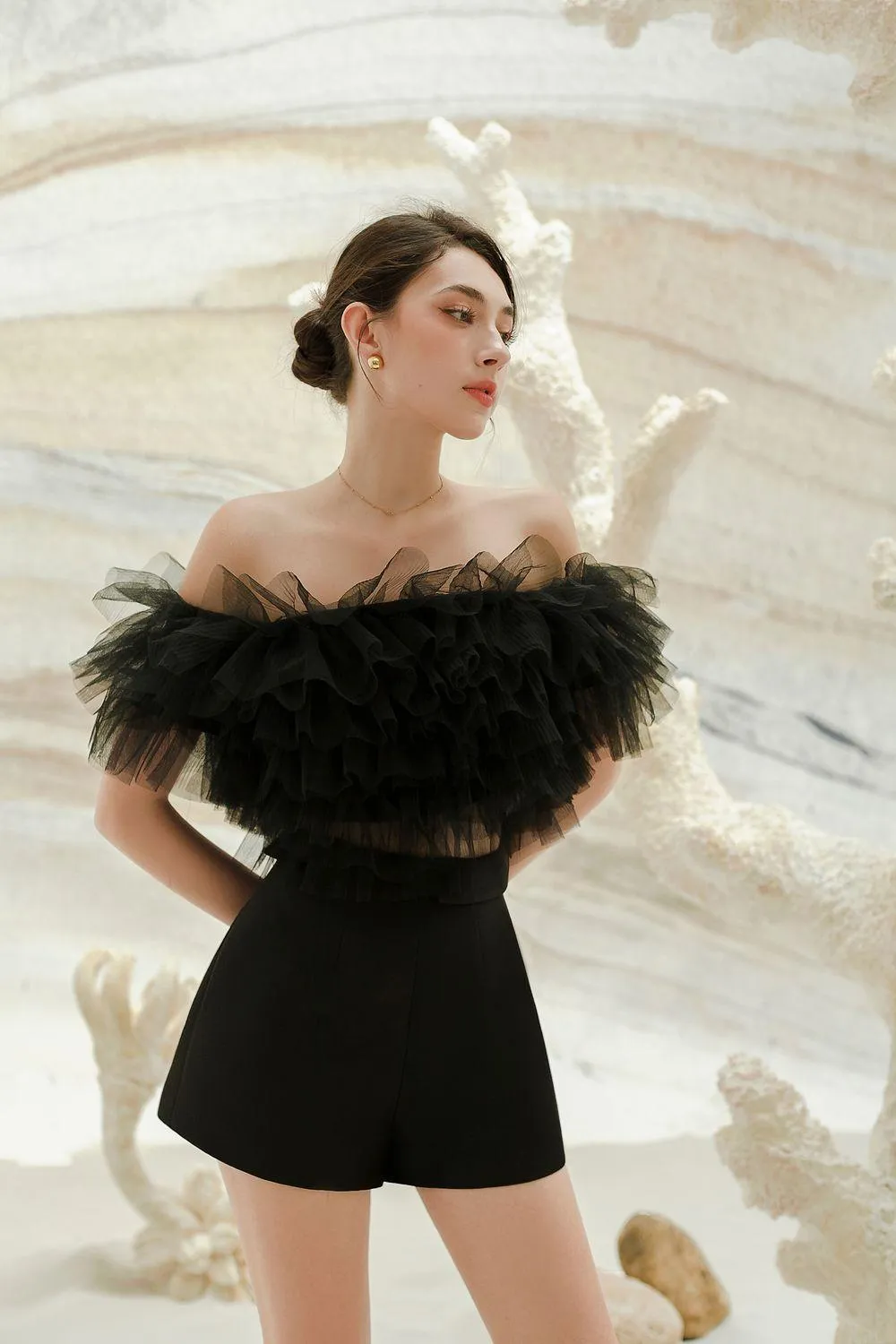 Almira Pleated Ruffled Tulle Crop Top