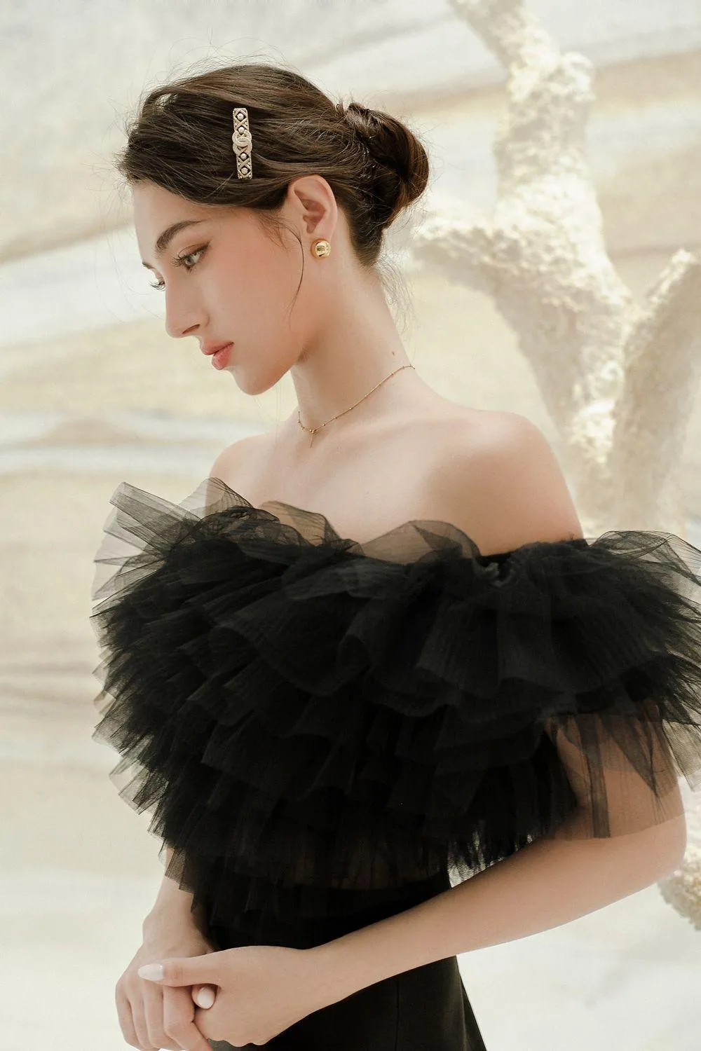 Almira Pleated Ruffled Tulle Crop Top