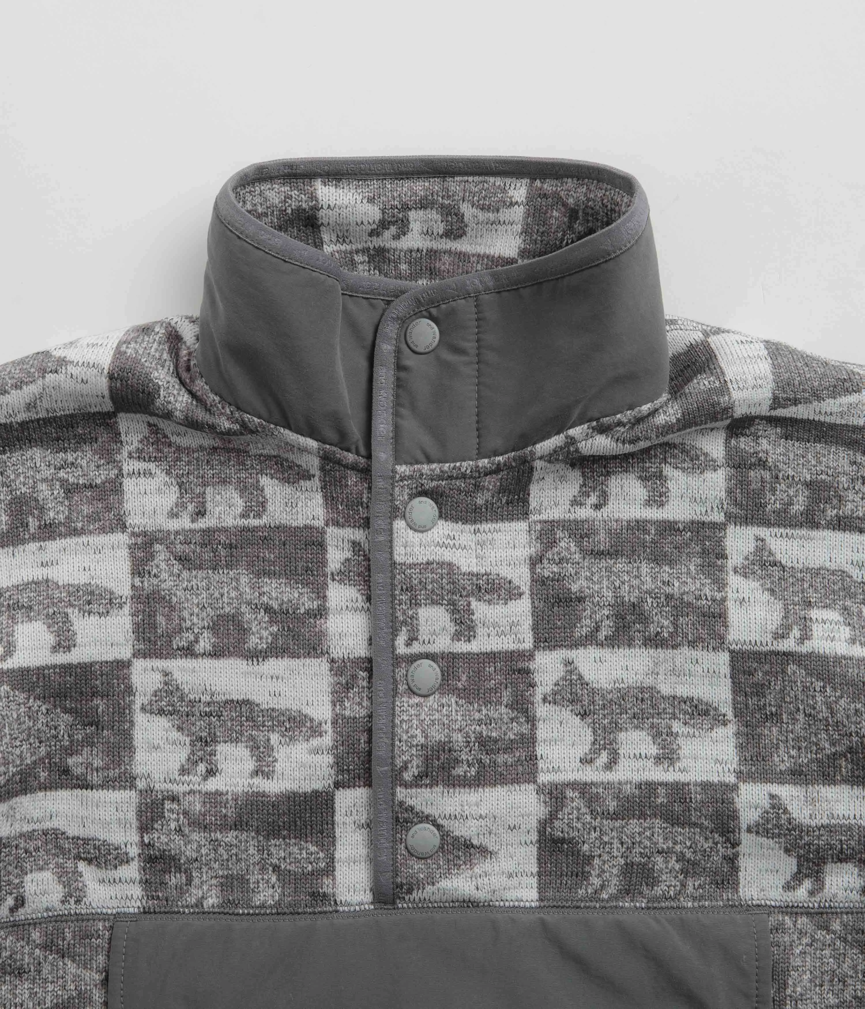 and wander x Maison Kitsune Fox Checkers Pullover Fleece - Grey