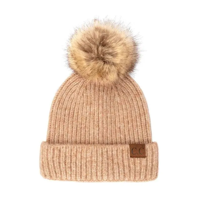 C.C POM Beanie Ribbed Faux Pom