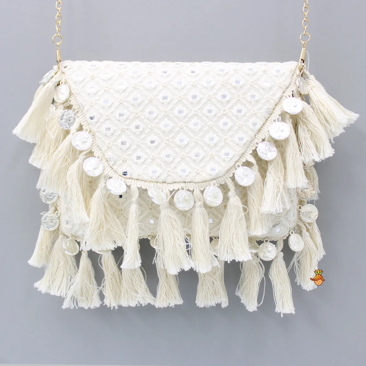 Faux Mirror Work Georgette Off White Sling Bag