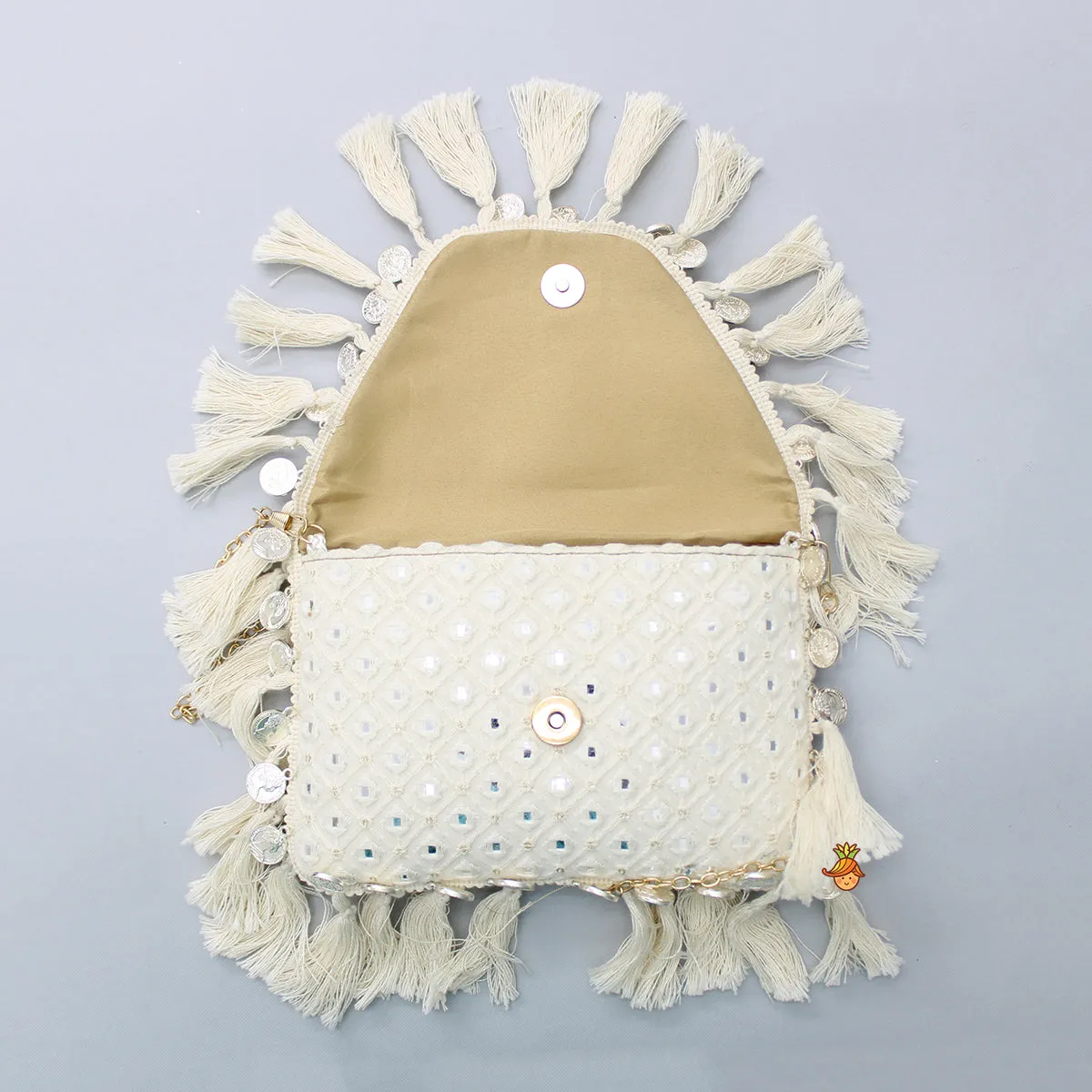 Faux Mirror Work Georgette Off White Sling Bag