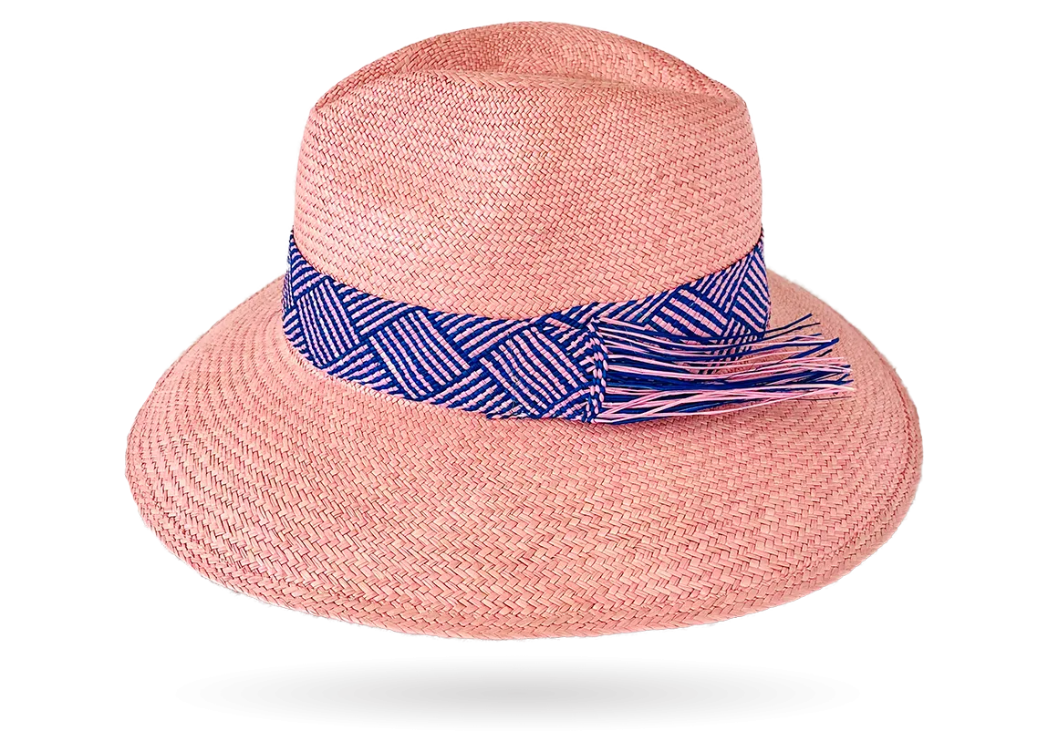 FINE 'URBAN ELLE' ROSE PANAMA HAT WIDER DOWN BRIM (9CM) WITH HANDWOVEN FRINGED STRAW BAND