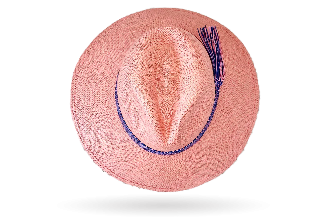 FINE 'URBAN ELLE' ROSE PANAMA HAT WIDER DOWN BRIM (9CM) WITH HANDWOVEN FRINGED STRAW BAND