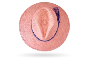 FINE 'URBAN ELLE' ROSE PANAMA HAT WIDER DOWN BRIM (9CM) WITH HANDWOVEN FRINGED STRAW BAND