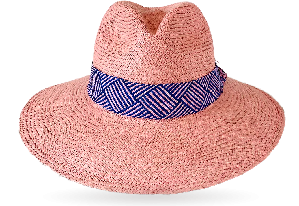 FINE 'URBAN ELLE' ROSE PANAMA HAT WIDER DOWN BRIM (9CM) WITH HANDWOVEN FRINGED STRAW BAND