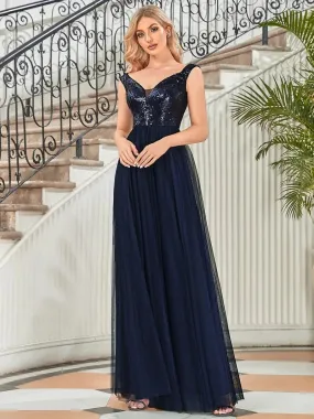 High Waist Tulle & Sequin Sleeveless Evening Dress