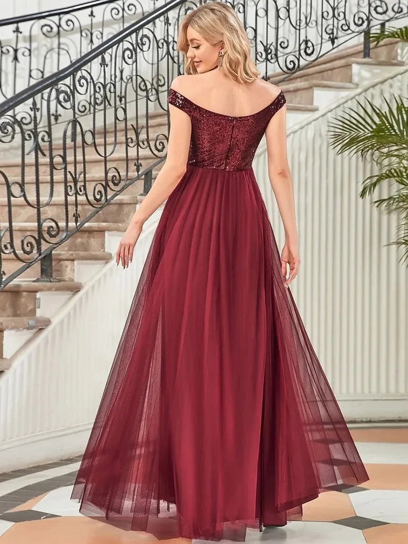 High Waist Tulle & Sequin Sleeveless Evening Dress