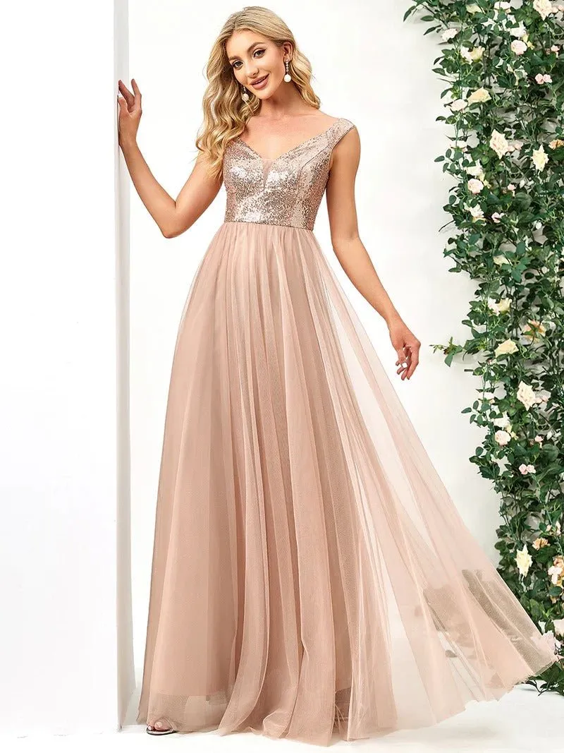 High Waist Tulle & Sequin Sleeveless Evening Dress