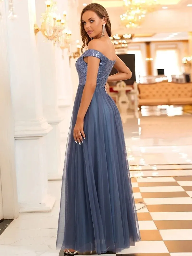 High Waist Tulle & Sequin Sleeveless Evening Dress