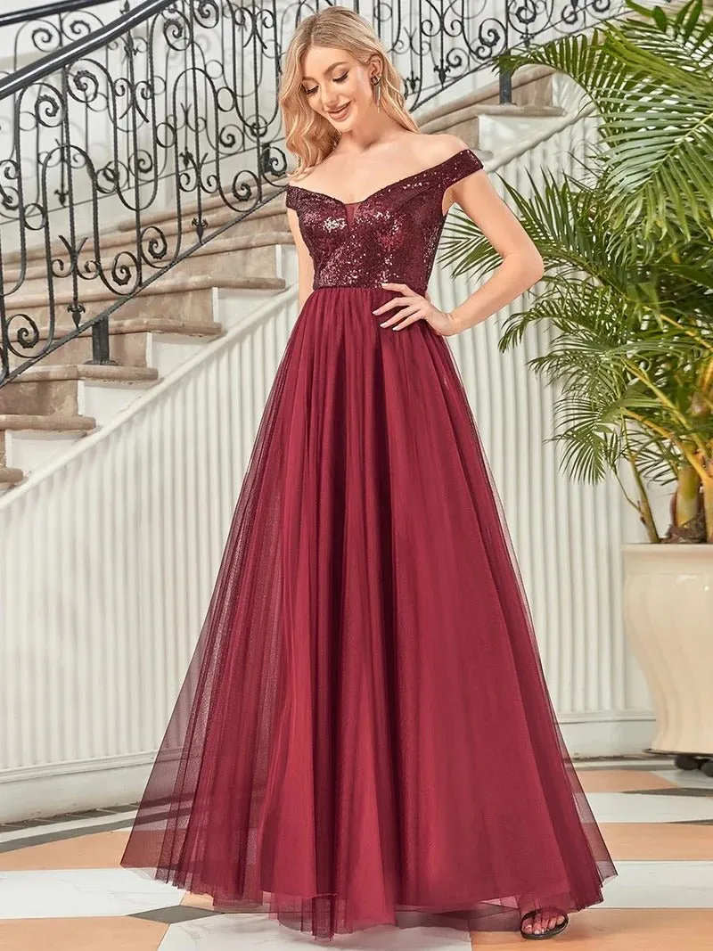 High Waist Tulle & Sequin Sleeveless Evening Dress