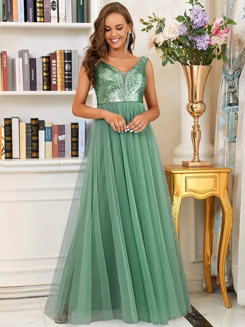 High Waist Tulle & Sequin Sleeveless Evening Dress