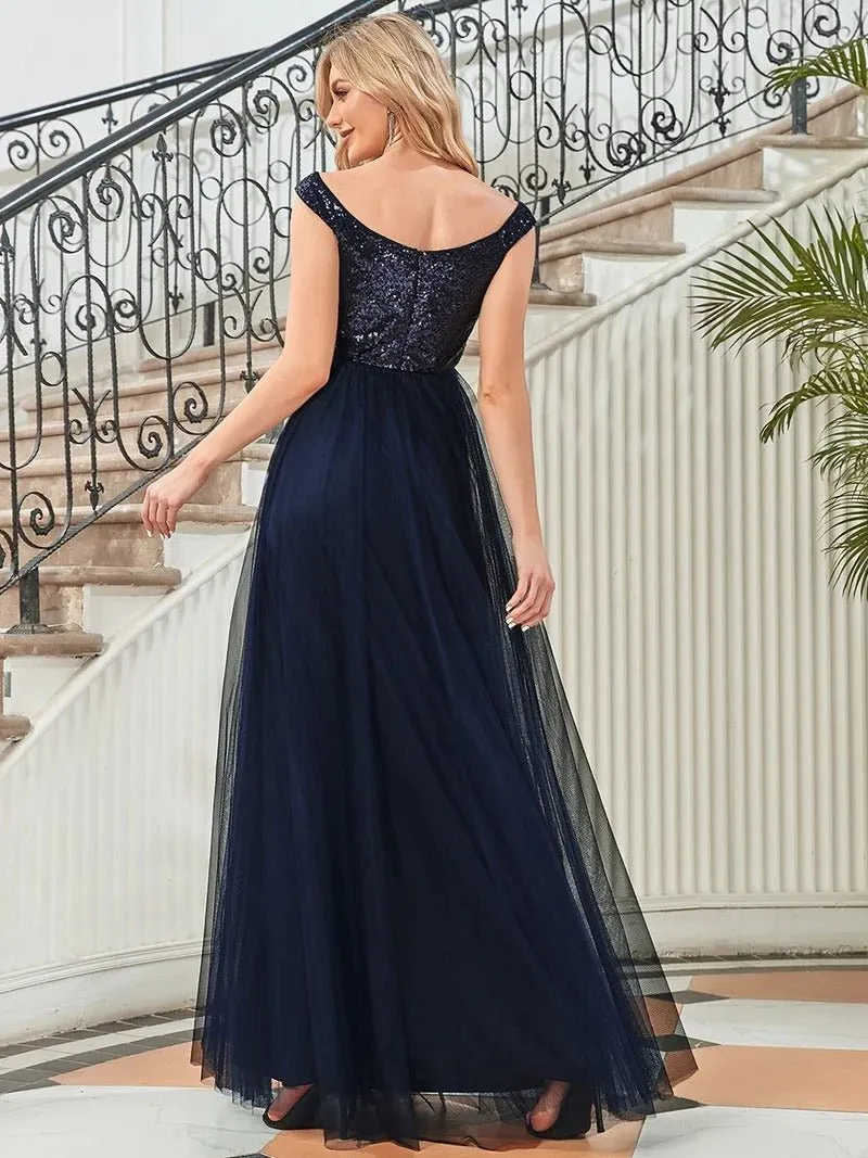 High Waist Tulle & Sequin Sleeveless Evening Dress