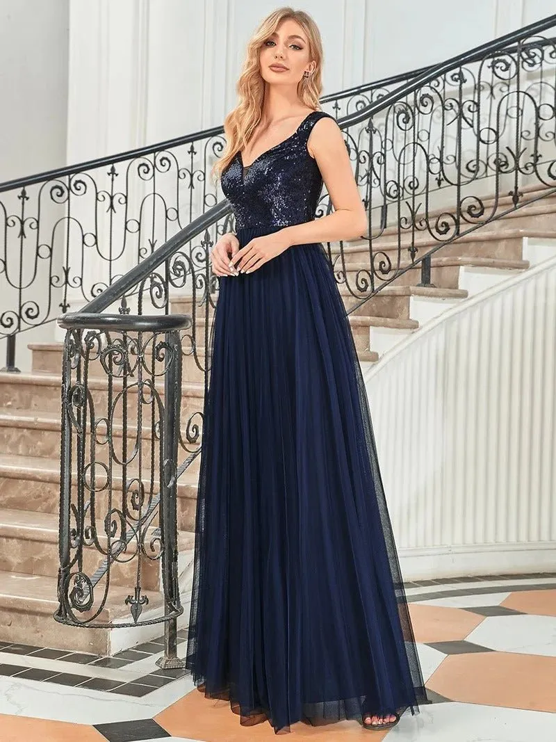 High Waist Tulle & Sequin Sleeveless Evening Dress