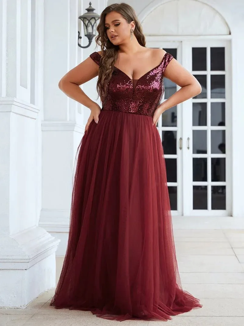 High Waist Tulle & Sequin Sleeveless Evening Dress