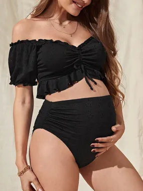 Momnfancy Black 2-in-1 Off Shoulder Drawstring Ruffle Flower Cut Out Fashion Beach Maternity Swimwear