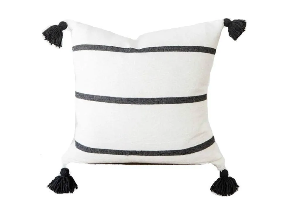 Moroccan Pom Pom Pillow Cover - White with Black Stripes - Marrakesh