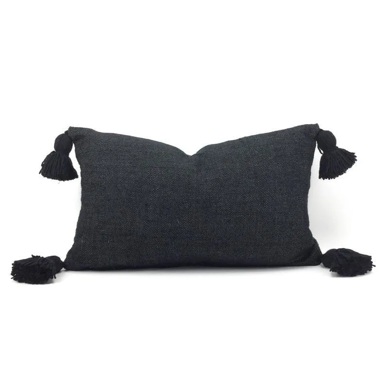 Moroccan PomPom Lumbar Pillow Cover - Black