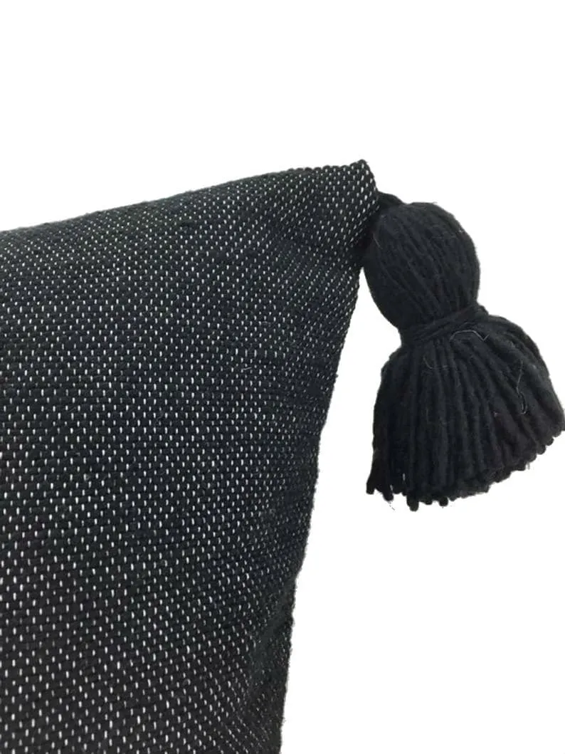 Moroccan PomPom Lumbar Pillow Cover - Black