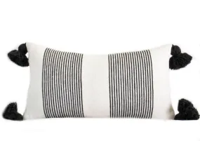 Moroccan PomPom Lumbar Pillow Cover - White with Thin Black Stripes - Layali II