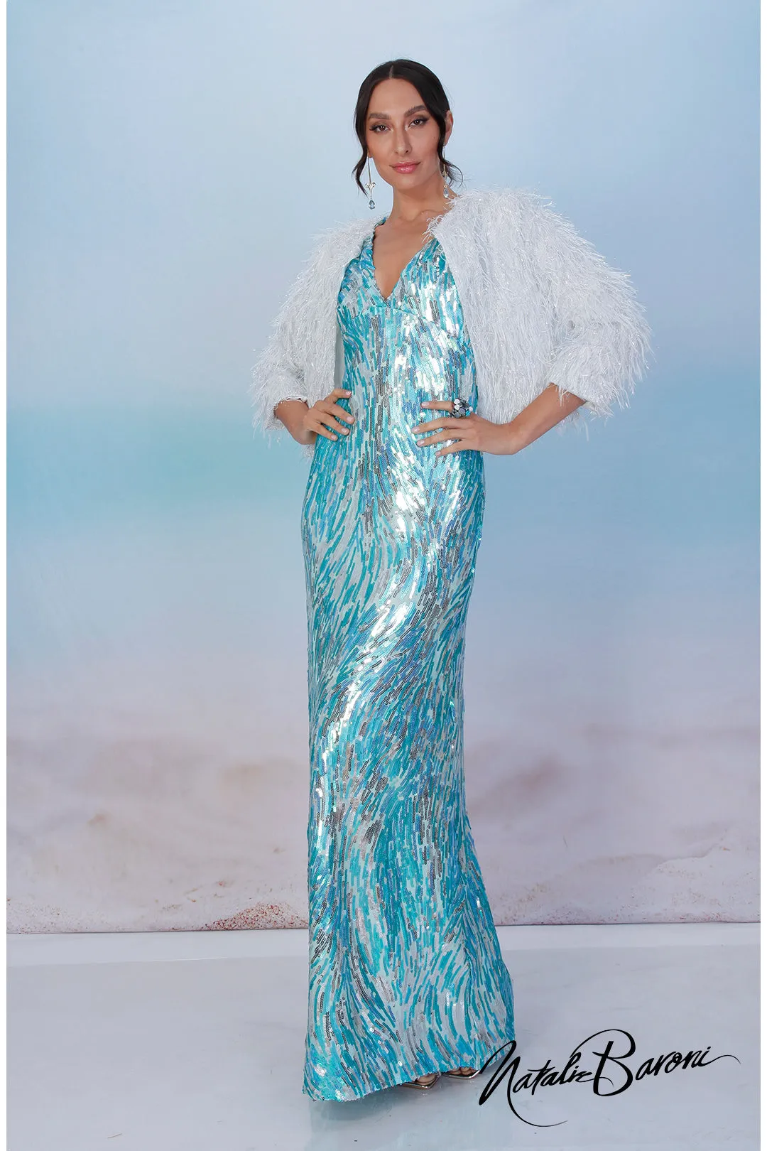 Ocean Blue Sequin Evening Gown - La Scala