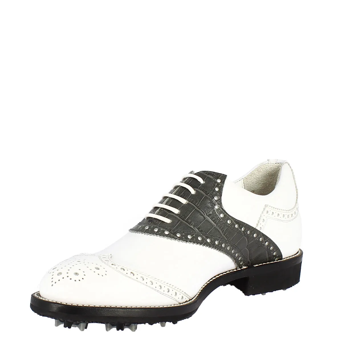 Scarpe da golf donna classiche artigianali in pelle bianca grigia