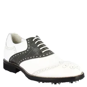 Scarpe da golf donna classiche artigianali in pelle bianca grigia