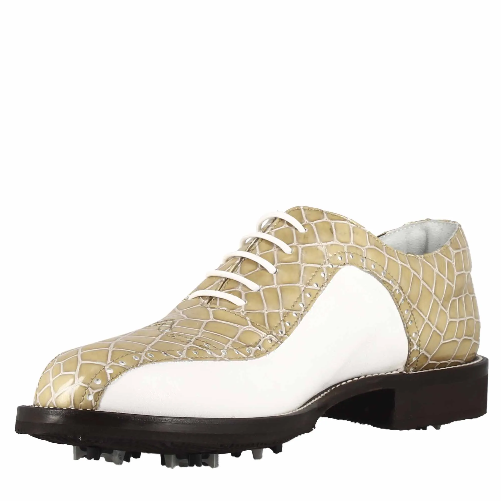 Scarpe da golf donna in pelle bicolore bianca e beige con stampa cocco