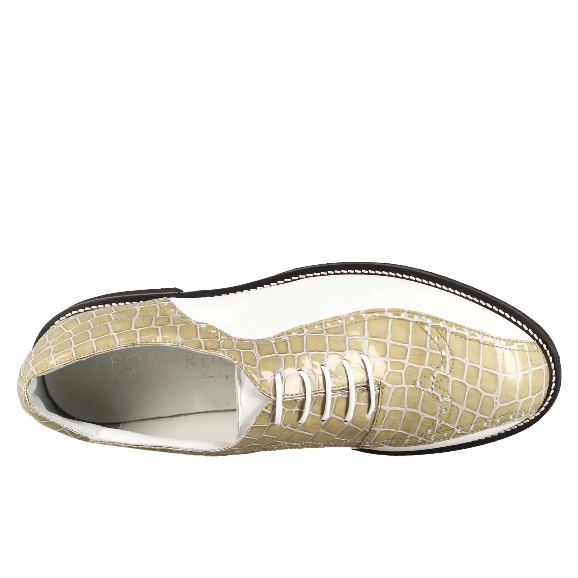 Scarpe da golf donna in pelle bicolore bianca e beige con stampa cocco