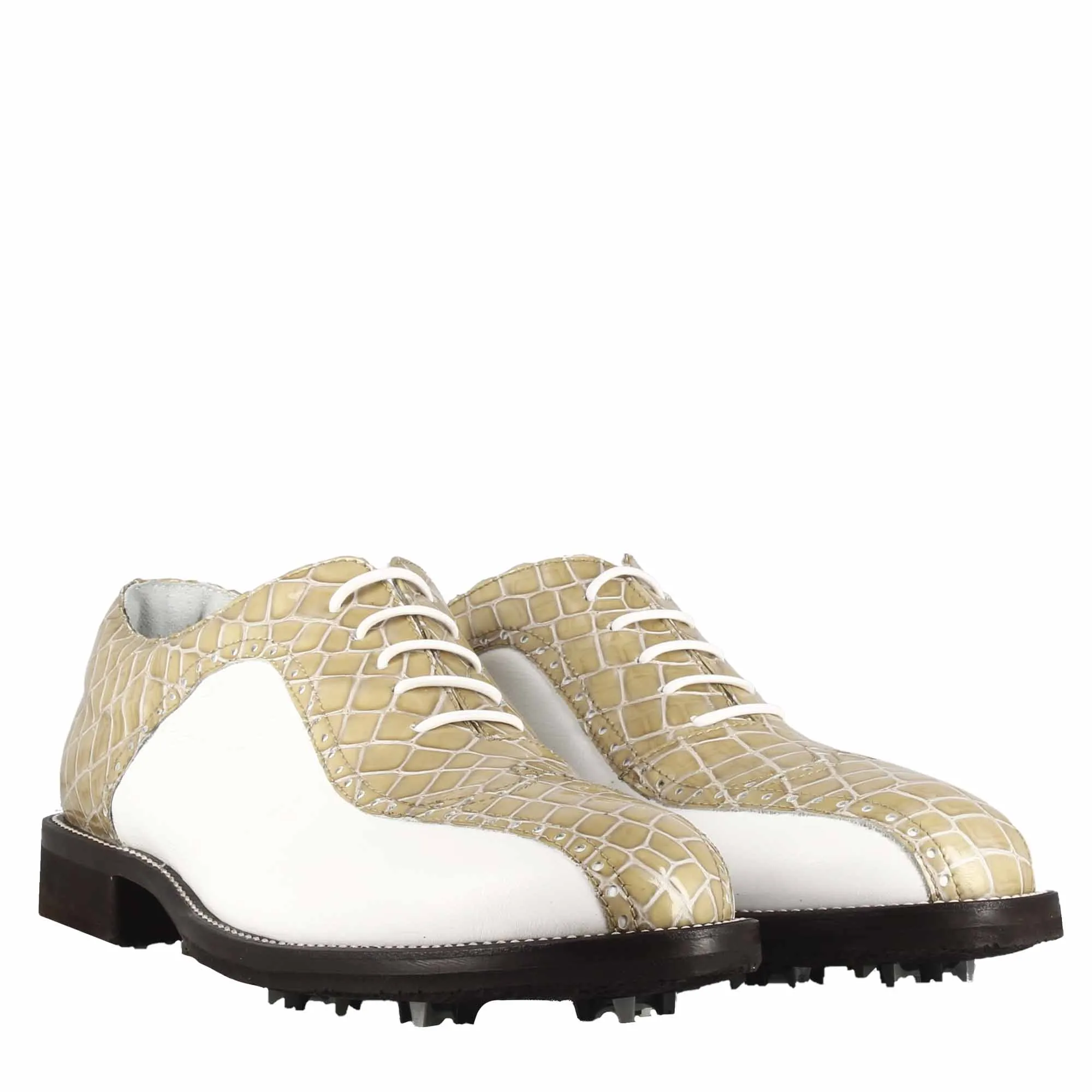 Scarpe da golf donna in pelle bicolore bianca e beige con stampa cocco