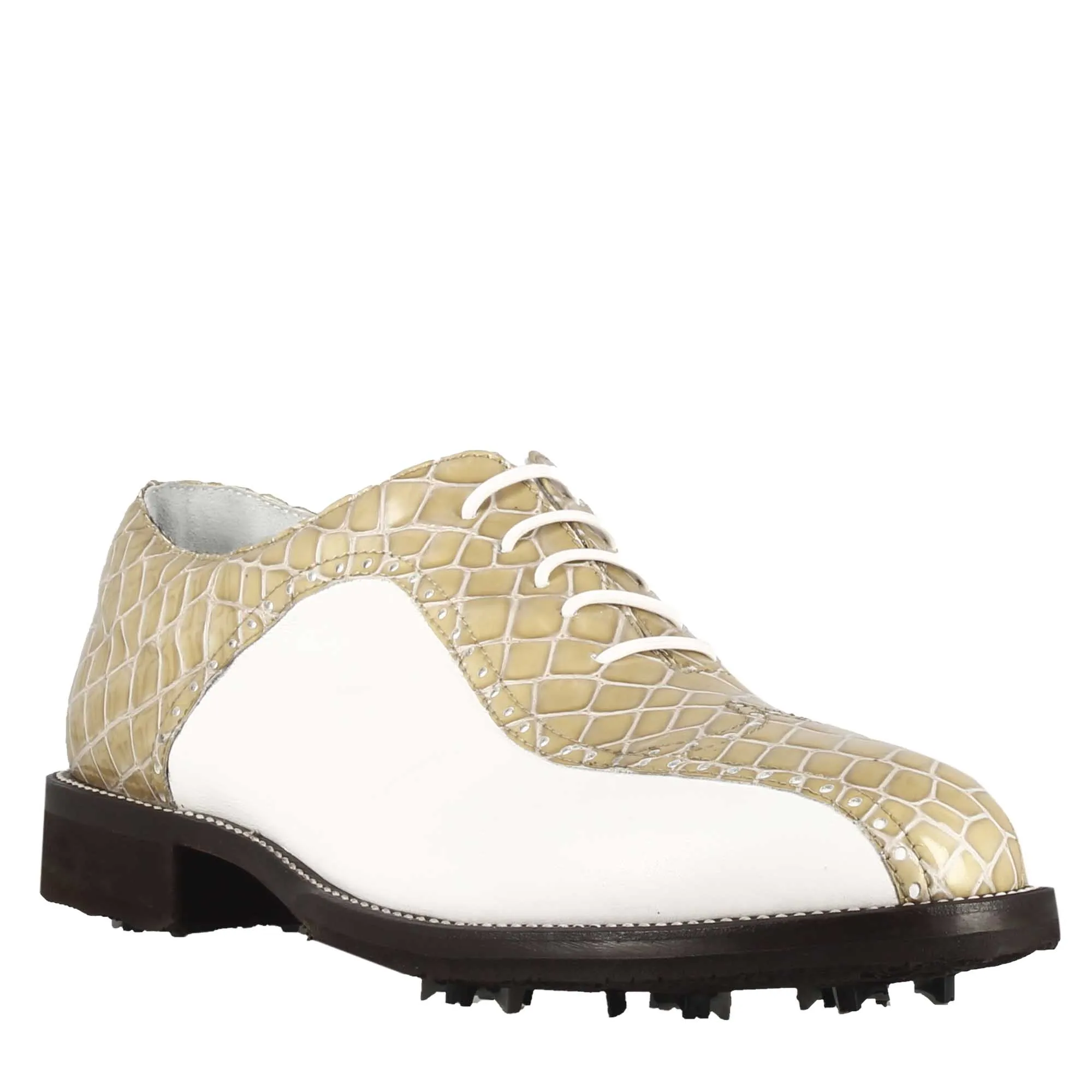 Scarpe da golf uomo in pelle bicolore bianca e beige con stampa cocco