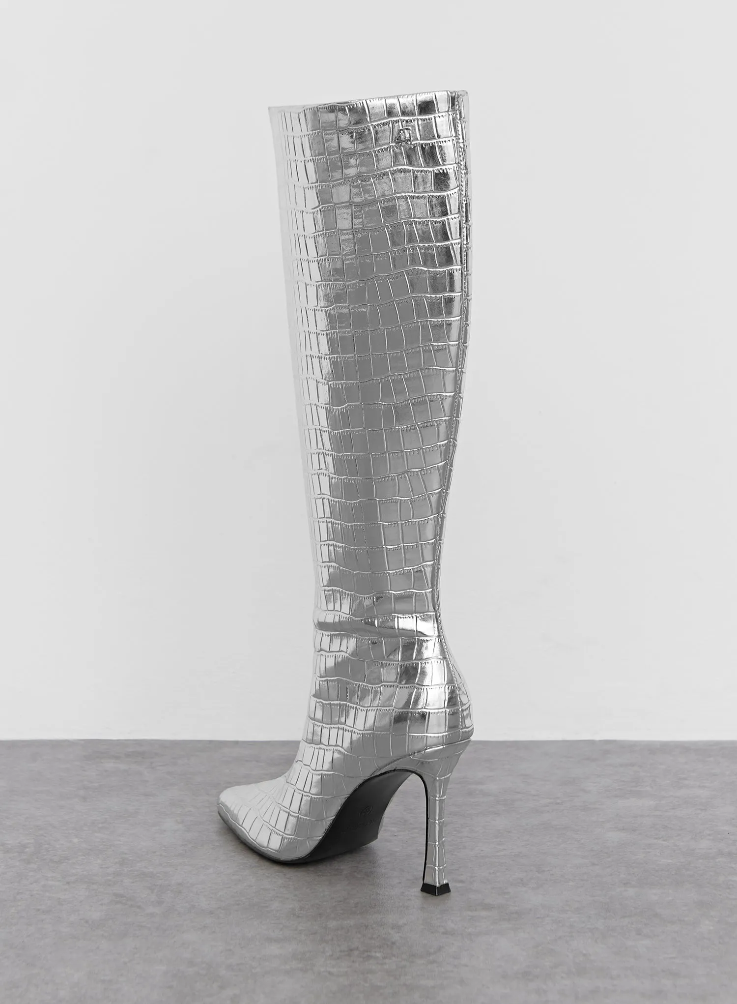 Silver Metallic Croc Knee High Heeled Boot - Amelie