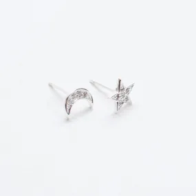 Silver Star and Moon CZ Studs