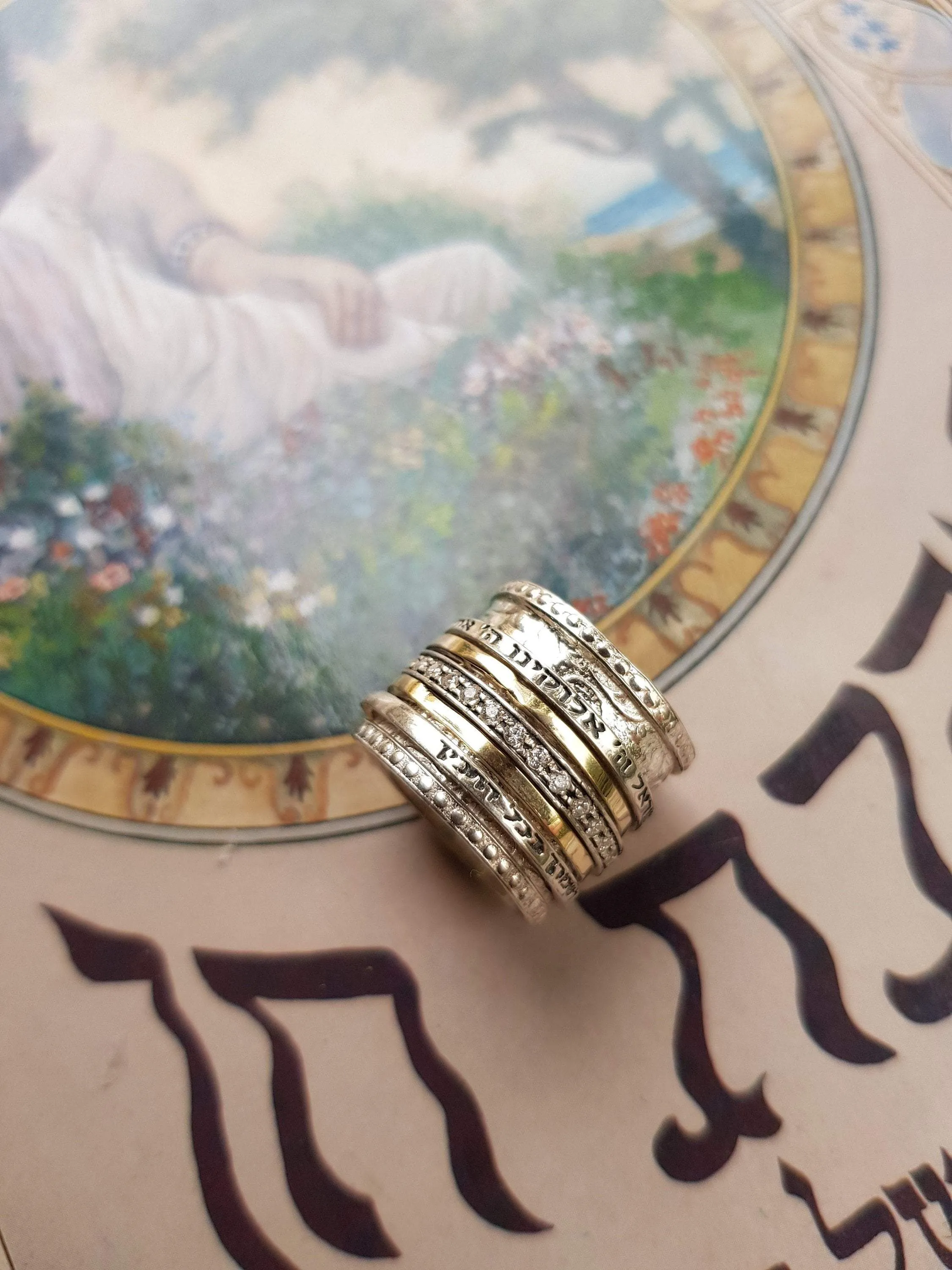 Stackable Hebrew Blessing Rings for Woman prayer & poesie silver gold CZ zircons Israeliche Schmuck