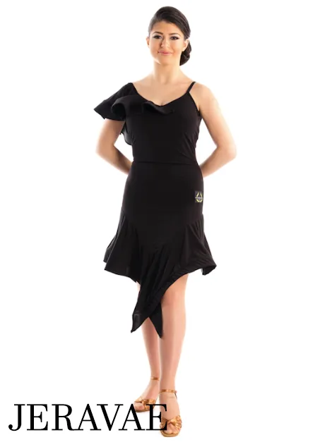 Victoria Blitz Siracusa Black Latin Practice Dress with Frill on One Shoulder, Unique Asymmetrical Skirt, and Open Back PRA 723 in Stock